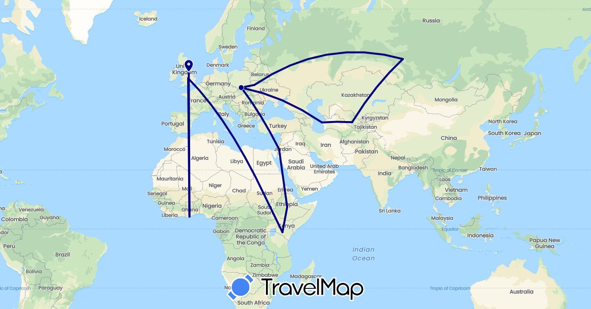 TravelMap itinerary: driving in Ethiopia, United Kingdom, Ghana, Israel, Kenya, Poland, Russia, Turkmenistan, Ukraine, Uzbekistan (Africa, Asia, Europe)